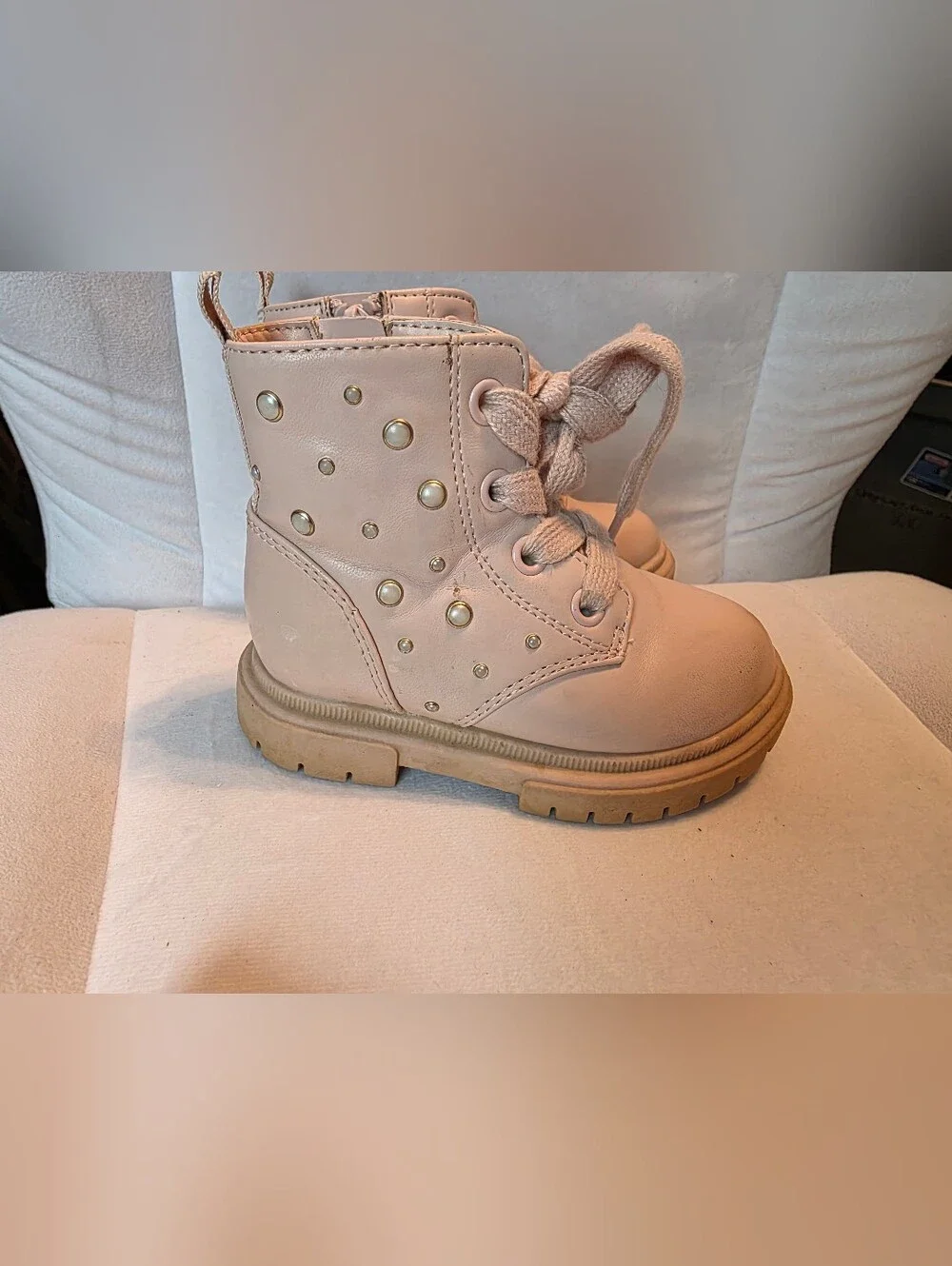 Cat & Jack Blush Pink Pearl-Stud Lace-Up Kids Boots
